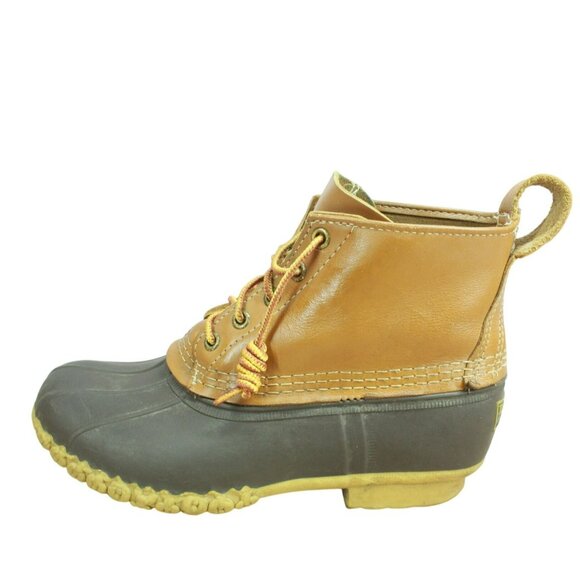 LL Bean Brown Leather Lace Up Round Toe Unlined Ankle Duck Boots Size 8 Wide - Picture 1 of 10